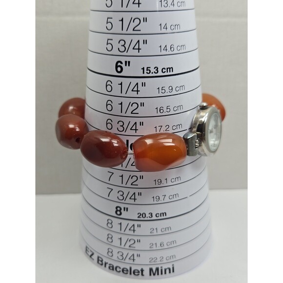 Gem Essence Womens Orange Carnelian Agate Bead Bracelet Quartz Watch New Battery